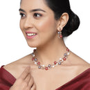 Rose Gold-Plated Red & White Artificial Stones Studded Leafy Shaped Necklace with Earrings Jewellery Set