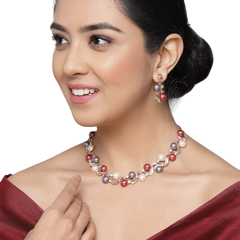 Rose Gold-Plated Red & White Artificial Stones Studded Leafy Shaped Necklace with Earrings Jewellery Set