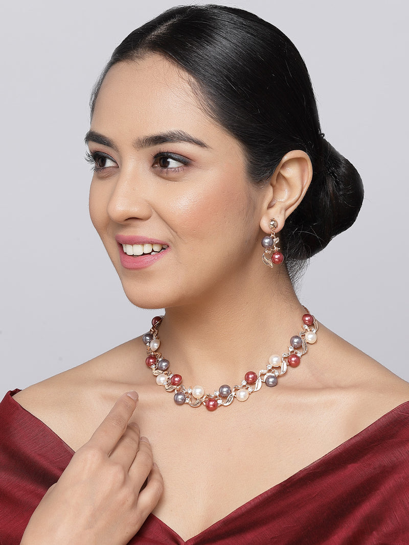 Rose Gold-Plated Red & White Artificial Stones Studded Leafy Shaped Necklace with Earrings Jewellery Set