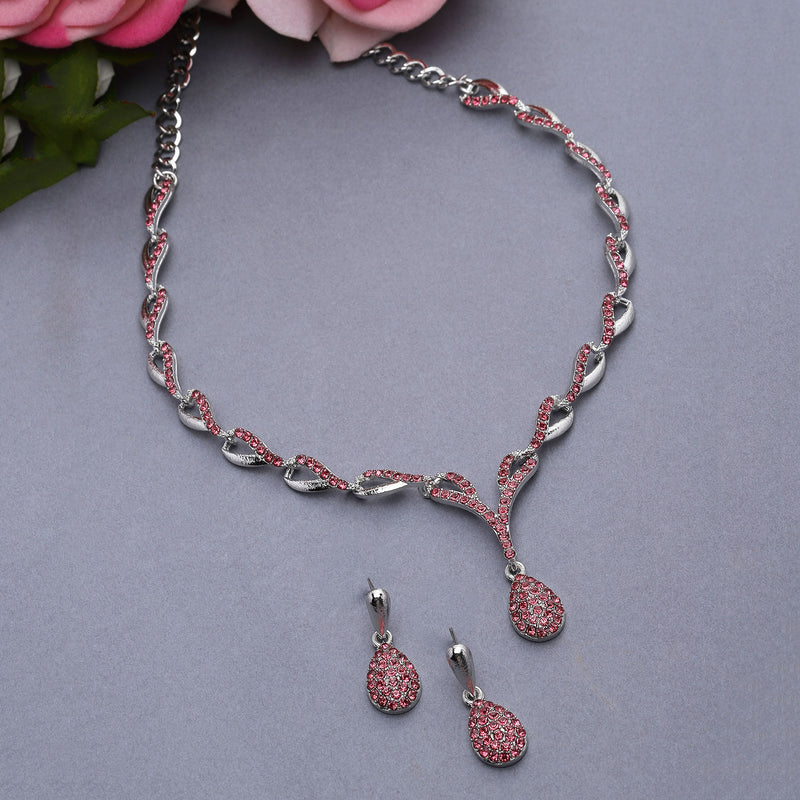 Silver-Plated Pink & White Cubic Zirconia Studded Teardrop Shaped Necklace with Earrings Jewellery Set