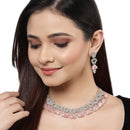 Rhodium-Plated with Silver-Toned Pink and White American Diamond Studded Choker Necklace and Drop Earrings Jewellery Set