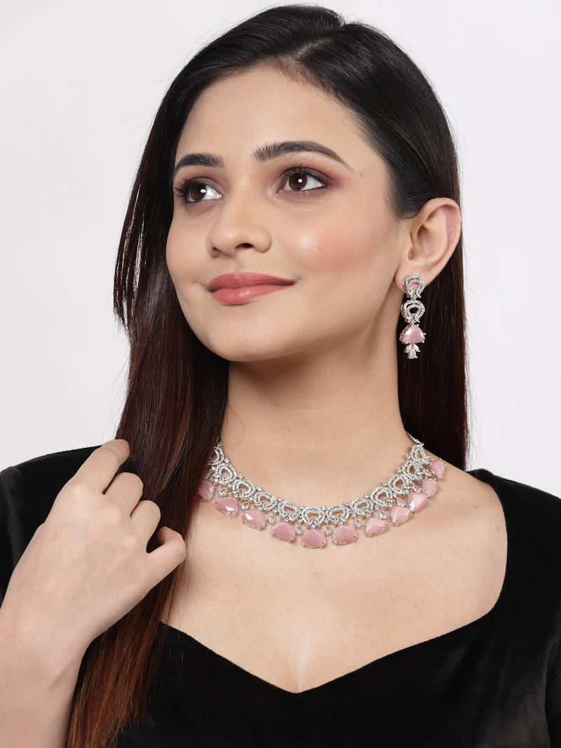 Rhodium-Plated with Silver-Toned Pink and White American Diamond Studded Choker Necklace and Drop Earrings Jewellery Set