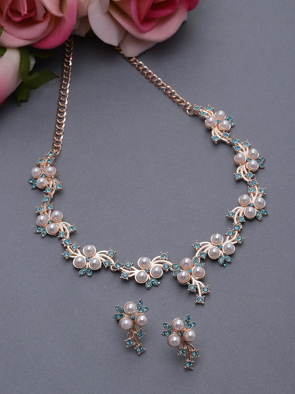 Rose Gold-Plated Blue Cubic Zirconia & White Pearls Studded Jewellery Set