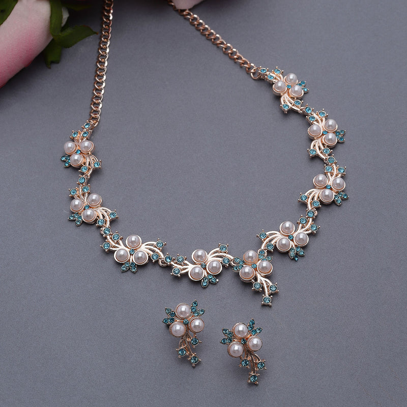 Rose Gold-Plated Blue Cubic Zirconia & White Pearls Studded Jewellery Set