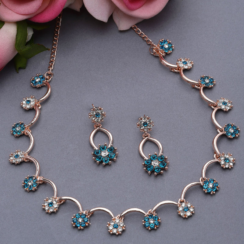 Rose Gold-Plated Blue & White Cubic Zirconia Studded Flower Shaped Necklace with Earrings Jewellery Set