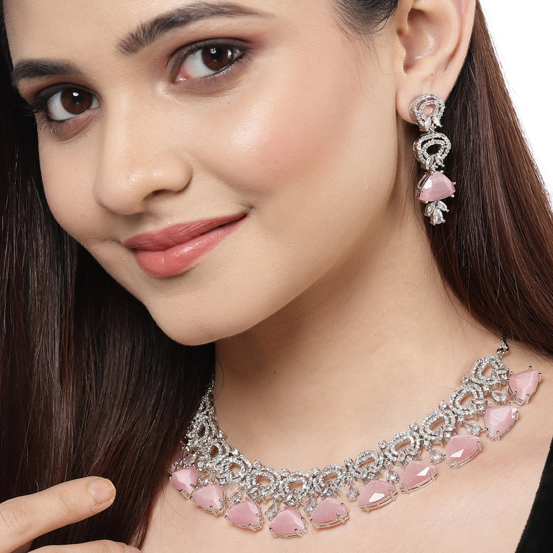 Rhodium-Plated with Silver-Toned Pink and White American Diamond Studded Choker Necklace and Drop Earrings Jewellery Set