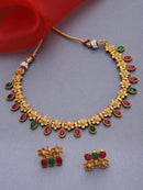 Gold-Plated Red & Green Cubic Zirconia Studded Floral Shaped Jewellery Set