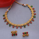 Gold-Plated Red & Green Cubic Zirconia Studded Floral Shaped Jewellery Set