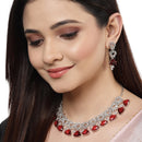 Rhodium-Plated with Silver-Toned Red and White American Diamond Studded Choker Necklace and Drop Earrings Jewellery Set