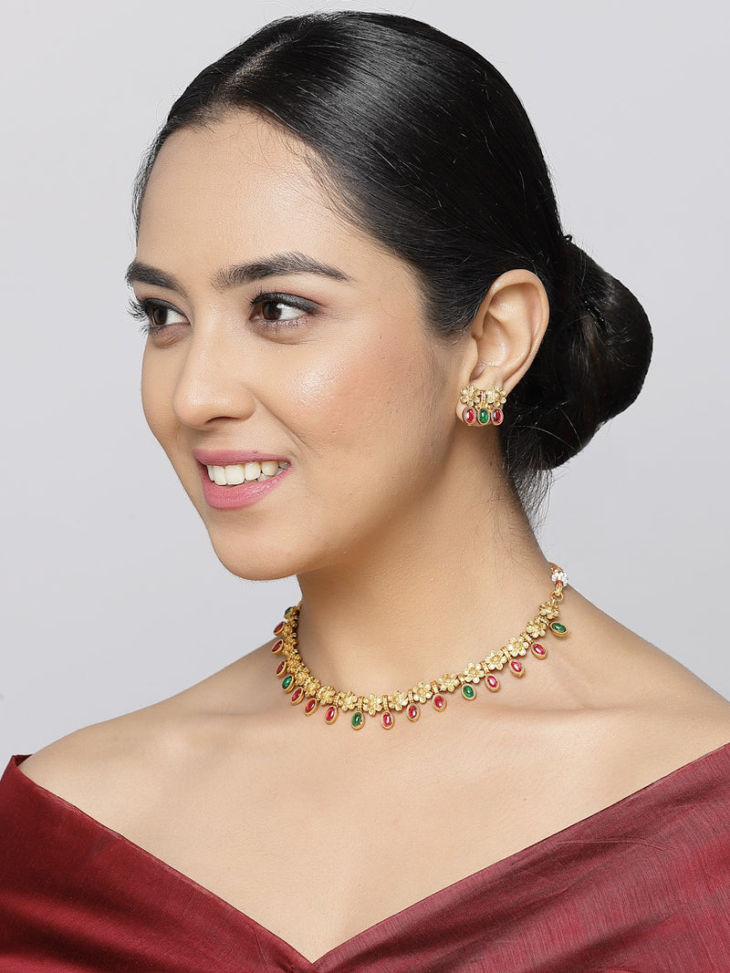 Gold-Plated Red & Green Cubic Zirconia Studded Floral Shaped Jewellery Set
