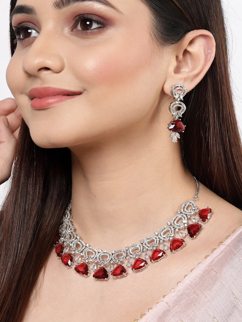 Rhodium-Plated with Silver-Toned Red and White American Diamond Studded Choker Necklace and Drop Earrings Jewellery Set