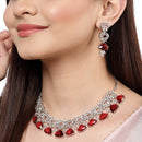 Rhodium-Plated with Silver-Toned Red and White American Diamond Studded Choker Necklace and Drop Earrings Jewellery Set