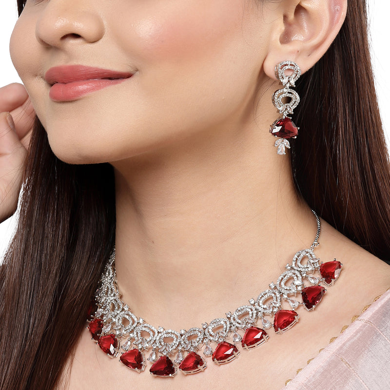 Rhodium-Plated with Silver-Toned Red and White American Diamond Studded Choker Necklace and Drop Earrings Jewellery Set