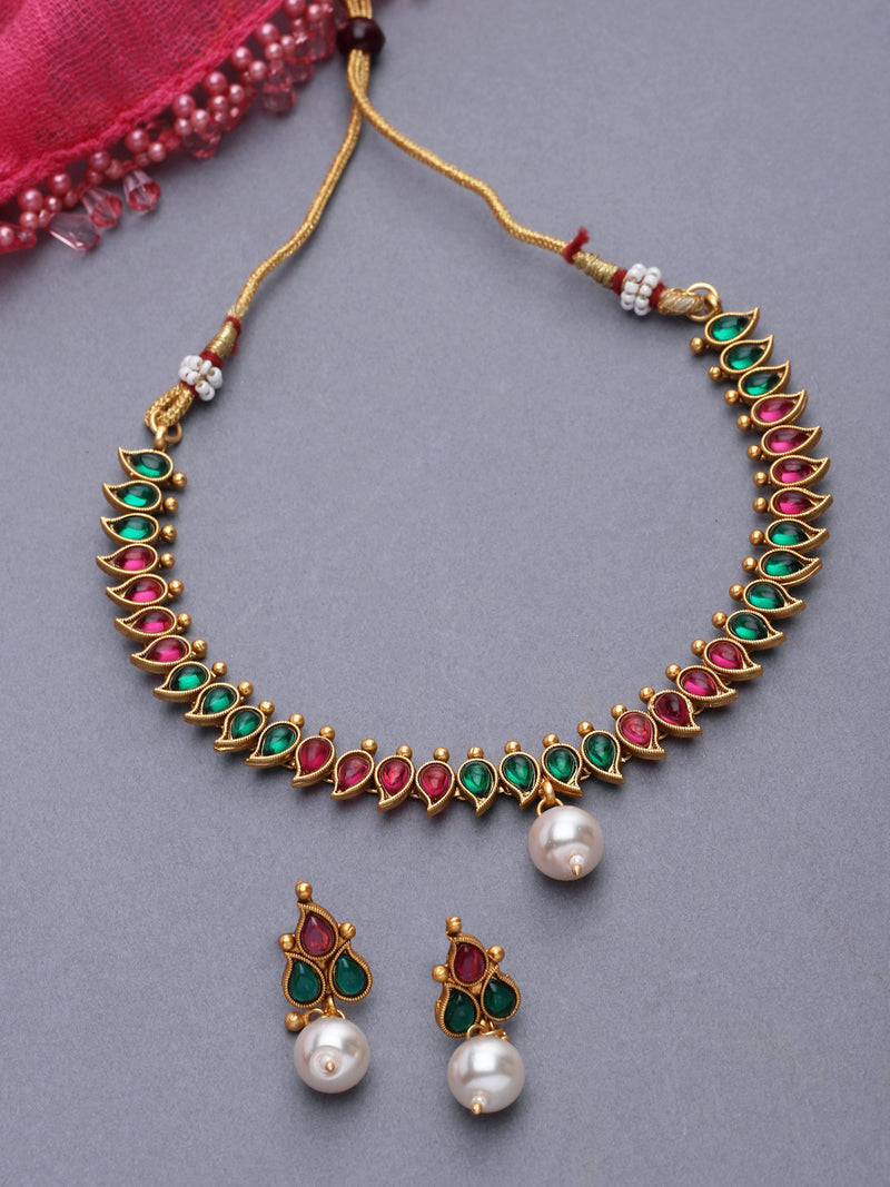 Gold-Plated Red & Green Cubic Zirconia White Pearl Studded Paisley Shaped Jewellery Set