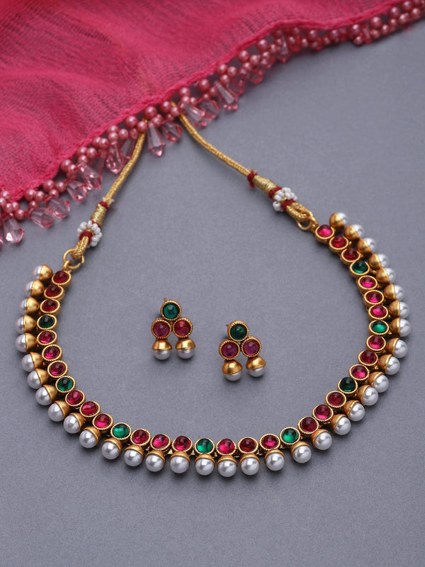 Gold-Plated Red & Green Cubic Zirconia White Pearls Studded Jewellery Set