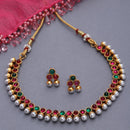 Gold-Plated Red & Green Cubic Zirconia White Pearls Studded Jewellery Set