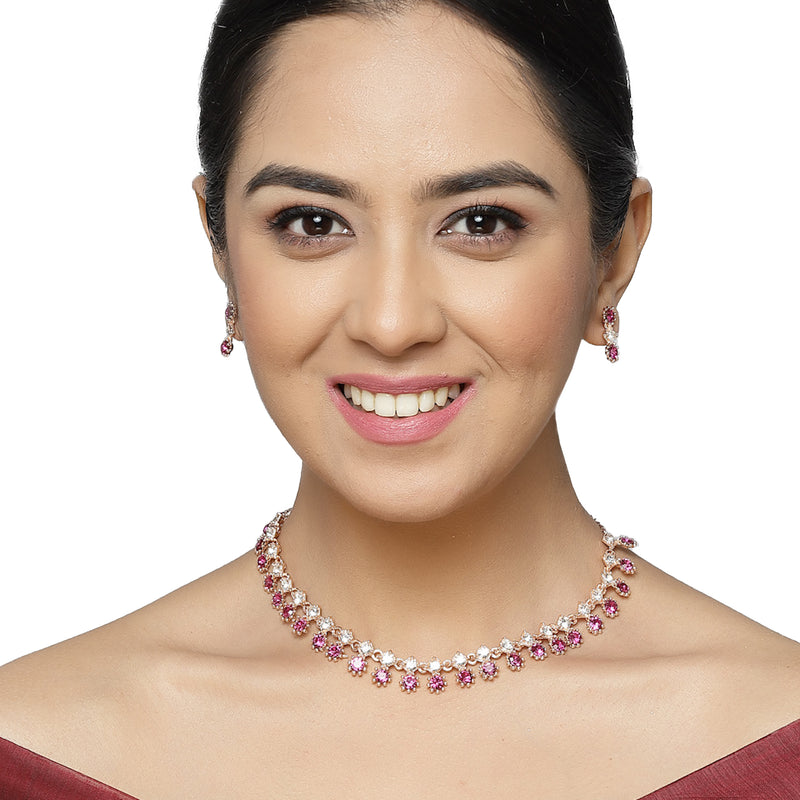 Rose Gold-Plated Pink & White American Diamond Studded Star Shaped Necklace with Earrings Jewellery Set