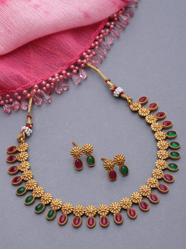 Gold-Plated Red & Green Cubic Zirconia Studded Floral Theme Jewellery Set