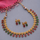 Gold-Plated Red & Green Cubic Zirconia Studded Floral Theme Jewellery Set
