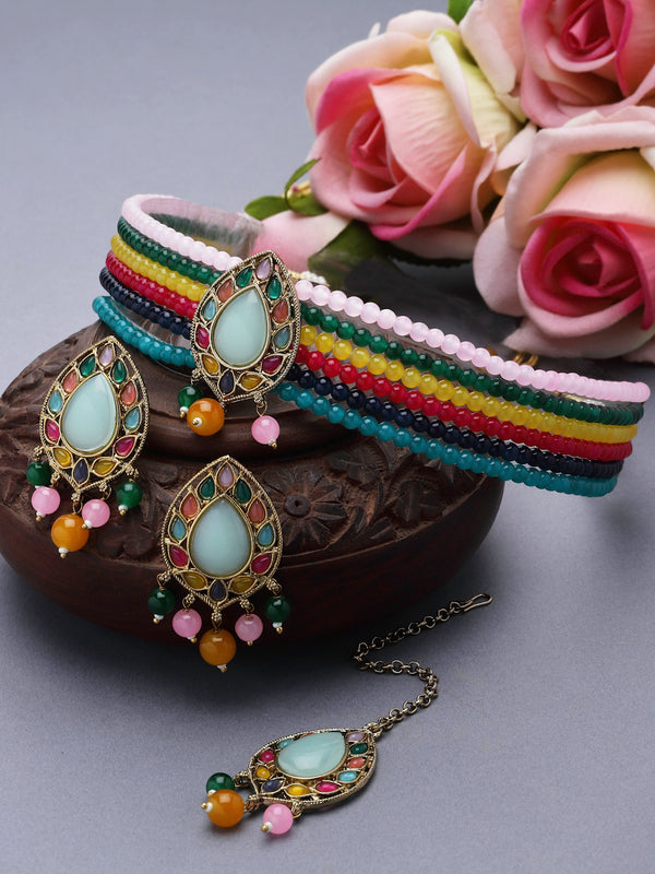 Gold-Plated Multi-Colour Artificial Stones and Beads Studded Jewellery Set