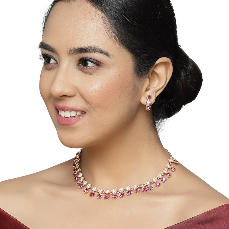 Rose Gold-Plated Pink & White American Diamond Studded Star Shaped Necklace with Earrings Jewellery Set