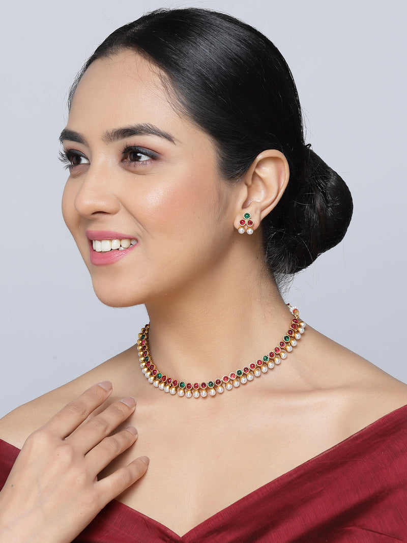 Gold-Plated Red & Green Cubic Zirconia White Pearls Studded Jewellery Set