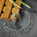 Rhodium-Plated Sea Green American Diamond Studded Eccentric Design Necklace & Earrings Jewellery Set