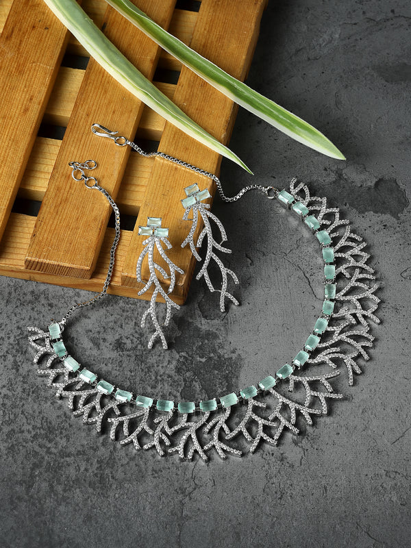 Rhodium-Plated Sea Green American Diamond Studded Eccentric Design Necklace & Earrings Jewellery Set