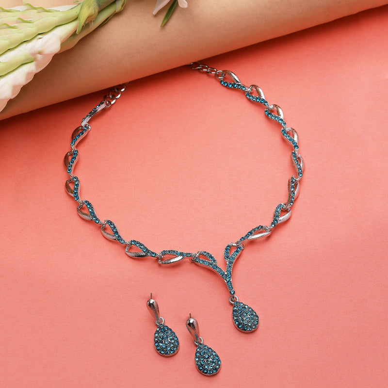 Silver-Plated Blue & White Cubic Zirconia Studded Teardrop Shaped Necklace with Earrings Jewellery Set