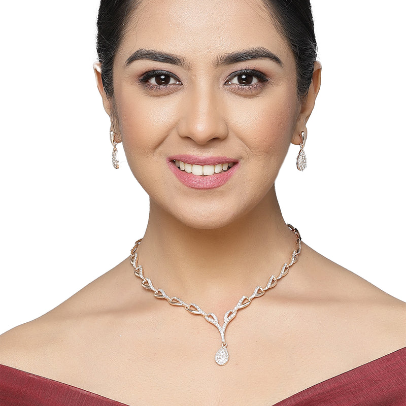 Rose Gold-Plated White Cubic Zirconia Studded Teardrop Shaped Necklace with Earrings Jewellery Set