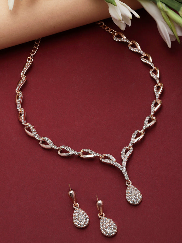 Rose Gold-Plated White Cubic Zirconia Studded Teardrop Shaped Necklace with Earrings Jewellery Set
