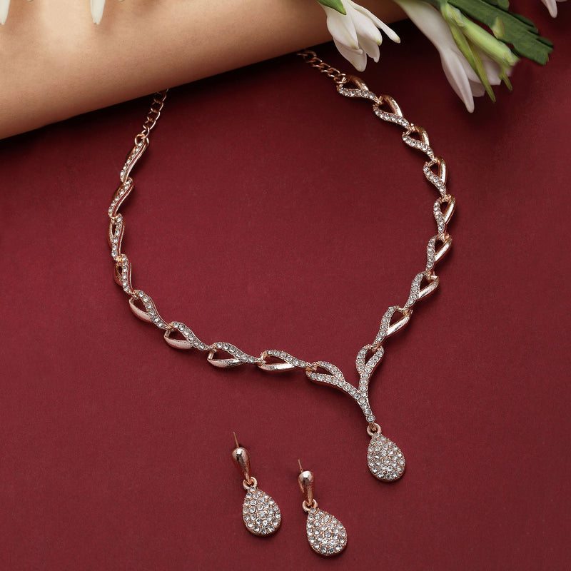 Rose Gold-Plated White Cubic Zirconia Studded Teardrop Shaped Necklace with Earrings Jewellery Set