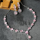Rhodium-Plated Pink American Diamond Studded Fashionable Necklace & Earrings Jewellery Set