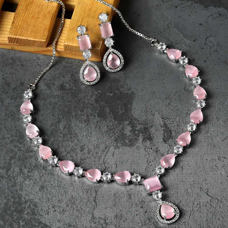 Rhodium-Plated Pink American Diamond Studded Fashionable Necklace & Earrings Jewellery Set