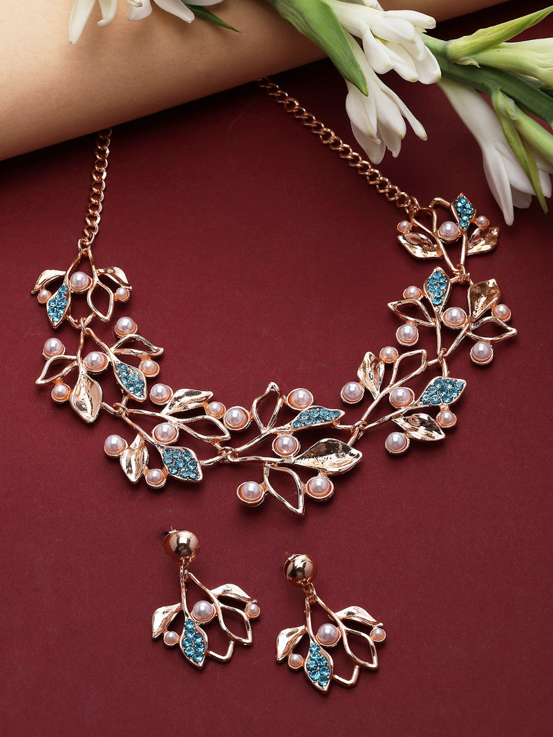 Rose Gold-Plated Blue Cubic Zirconia & White Pearls Studded Leaf Shaped Necklace with Earrings