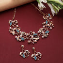 Rose Gold-Plated Blue Cubic Zirconia & White Pearls Studded Leaf Shaped Necklace with Earrings