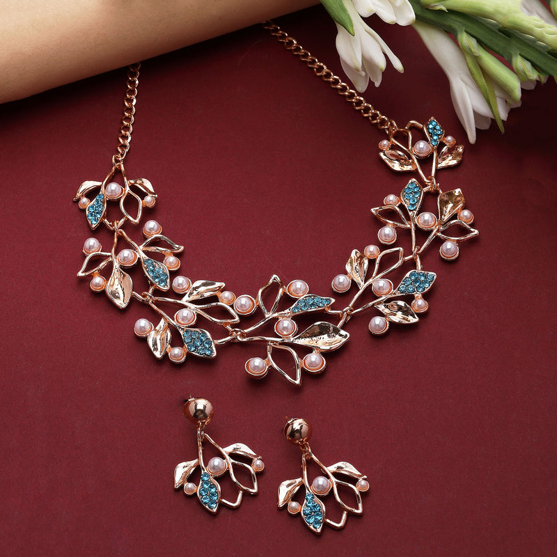 Rose Gold-Plated Blue Cubic Zirconia & White Pearls Studded Leaf Shaped Necklace with Earrings