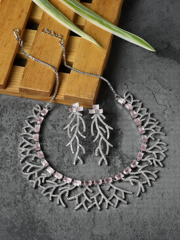 Rhodium-Plated Pink American Diamond Studded Eccentric Design Necklace & Earrings Jewellery Set