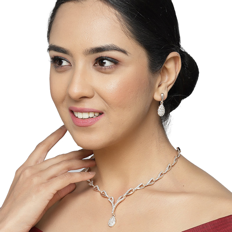 Rose Gold-Plated White Cubic Zirconia Studded Teardrop Shaped Necklace with Earrings Jewellery Set