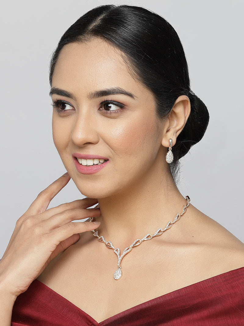 Rose Gold-Plated White Cubic Zirconia Studded Teardrop Shaped Necklace with Earrings Jewellery Set