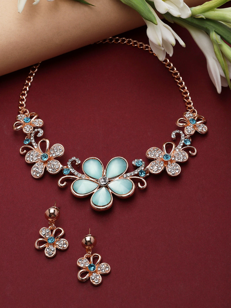 Rose Gold-Plated Sea Green American Diamonds Studded Floweret Necklace & Earrings Jewellery Set