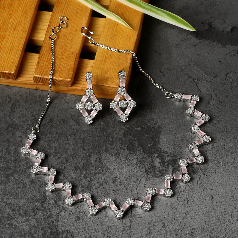 Rhodium-Plated Pink American Diamond Studded Necklace With Earrings Jewellery Set
