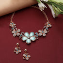 Rose Gold-Plated Sea Green American Diamonds Studded Floweret Necklace & Earrings Jewellery Set