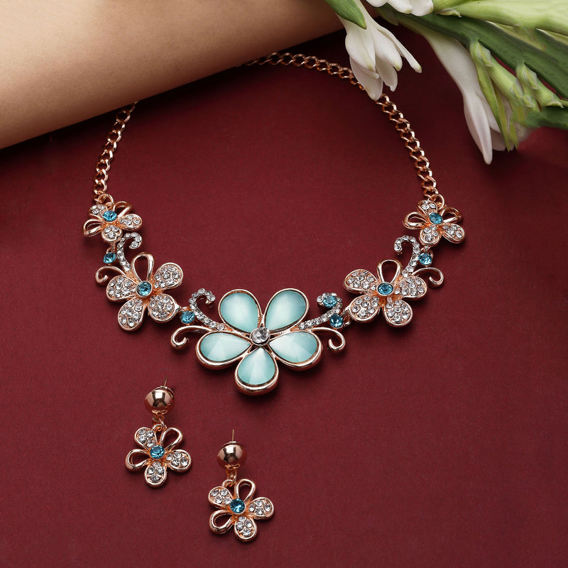 Rose Gold-Plated Sea Green American Diamonds Studded Floweret Necklace & Earrings Jewellery Set