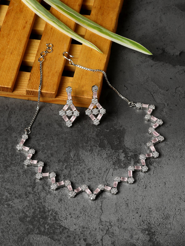 Rhodium-Plated Pink American Diamond Studded Necklace With Earrings Jewellery Set