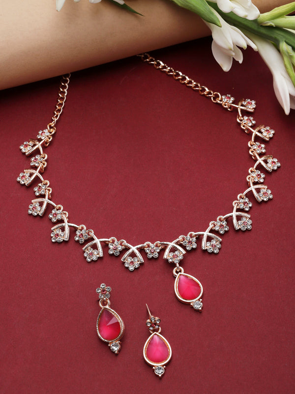 Rose Gold-Plated Pink Cubic Zirconia Studded Teardrop Shaped Necklace with Earrings Jewellery Set