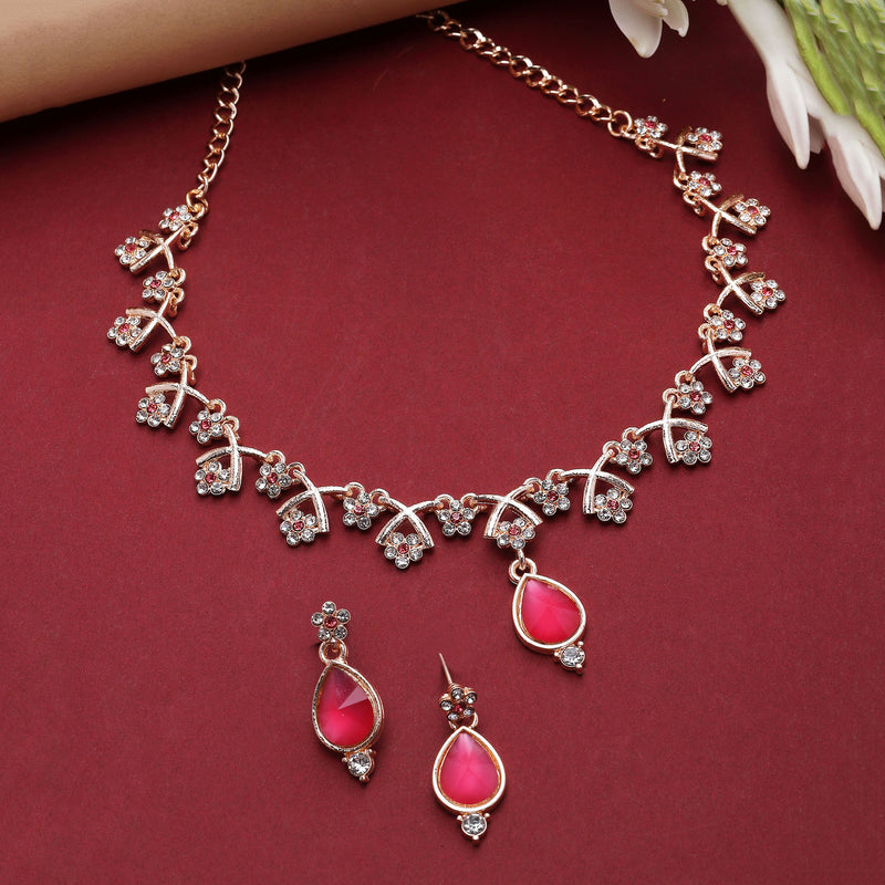 Rose Gold-Plated Pink Cubic Zirconia Studded Teardrop Shaped Necklace with Earrings Jewellery Set