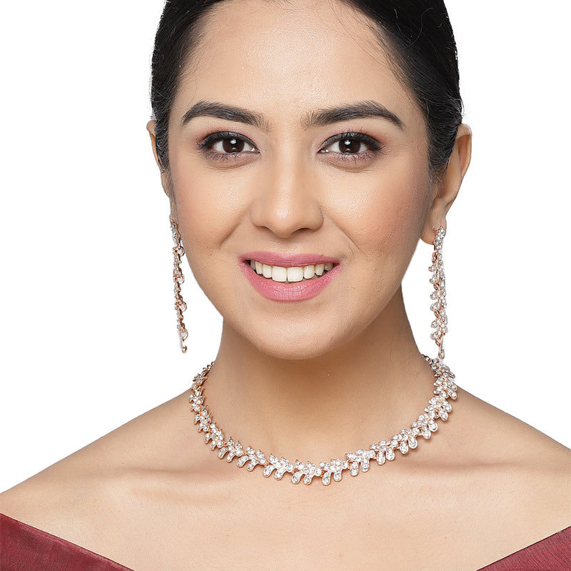Rose Gold-Plated White Cubic Zirconia Studded Leafy Shaped Necklace with Earrings Jewellery Set