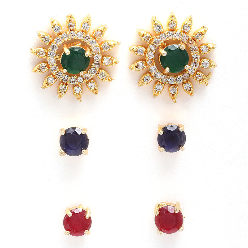 5 Pair Multicoloured Circular Shaped Gold-Plated Studs Earrings