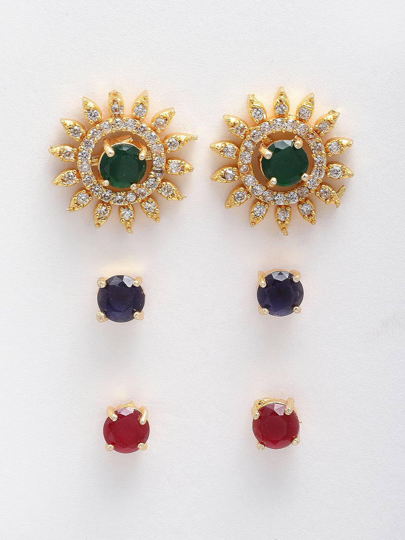 5 Pair Multicoloured Circular Shaped Gold-Plated Studs Earrings